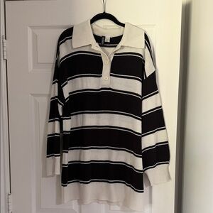 H&M Black & White Striped Knit Polo Sweater